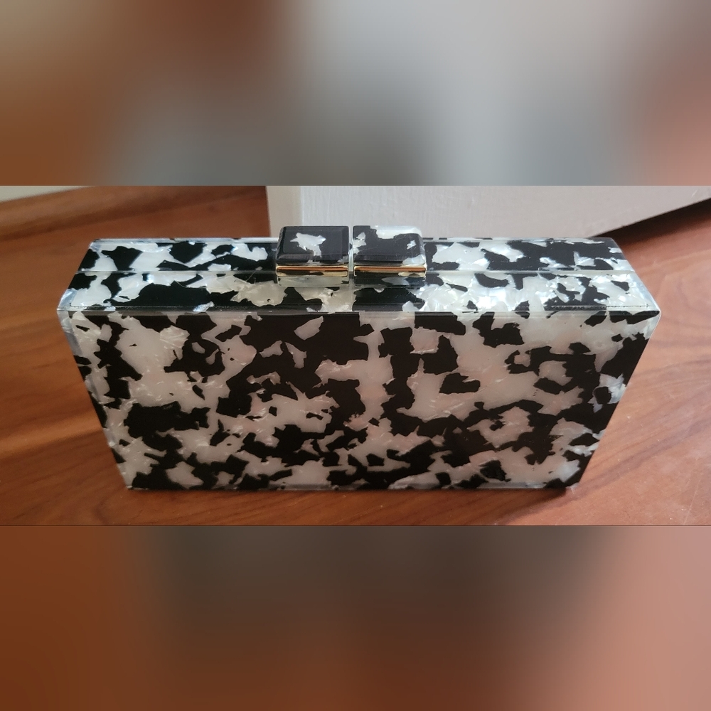 Ann Taylor Black White Gold Lucite Clutch Purse